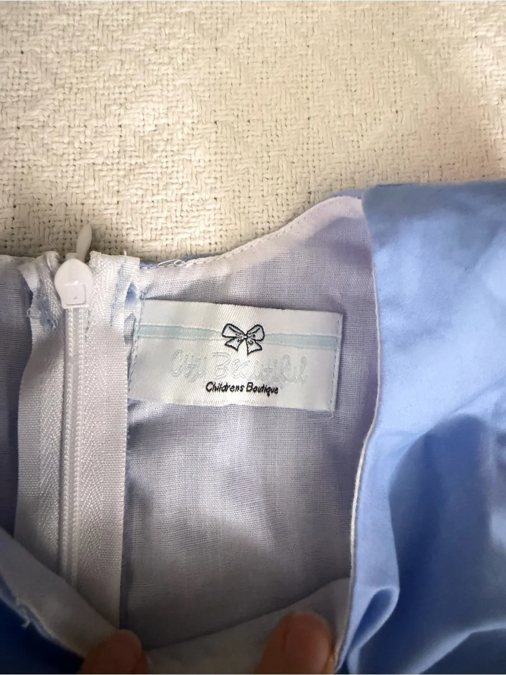 City Beautiful Children’s Boutique Blue Apron Dress Pink Ruffle Trim and Bows